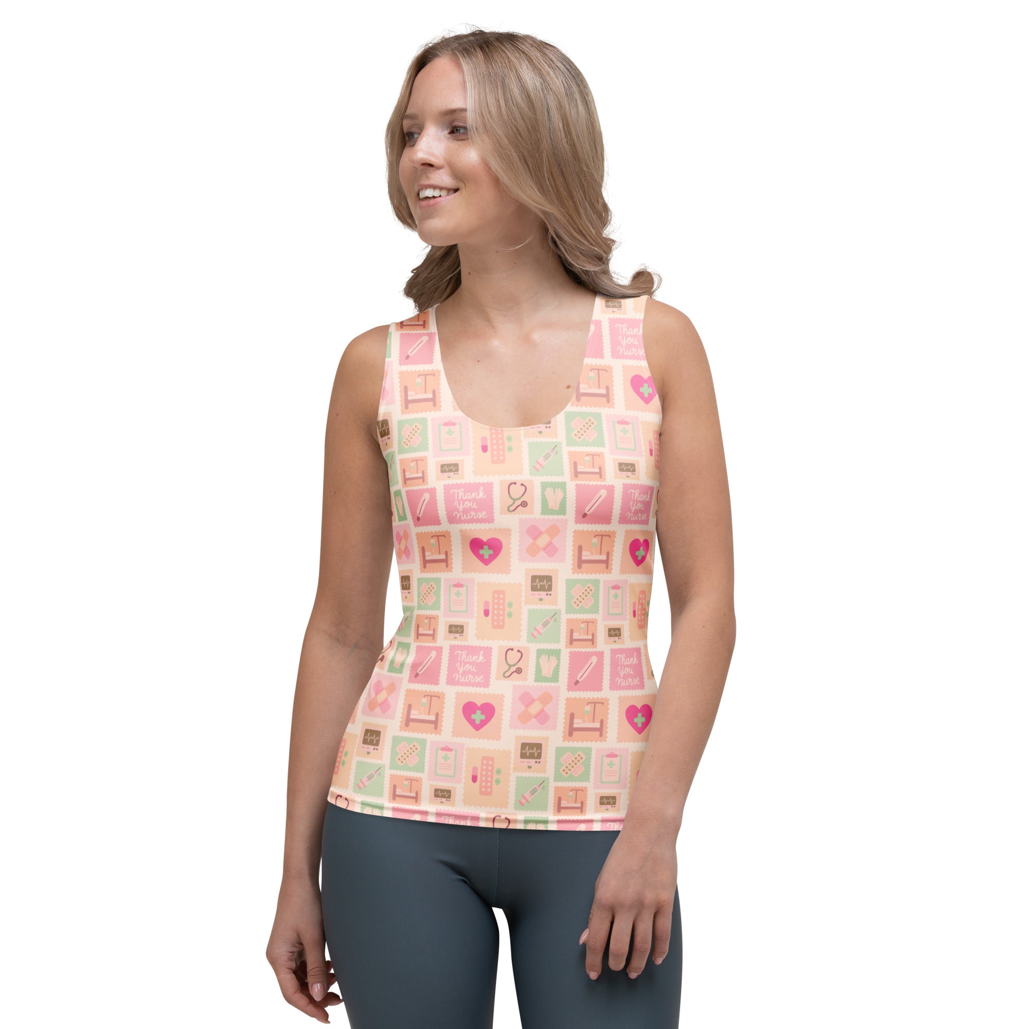 Women’s pink nurse icon tank top with quick drying buttery soft fabric and mint green medical-themed patterns