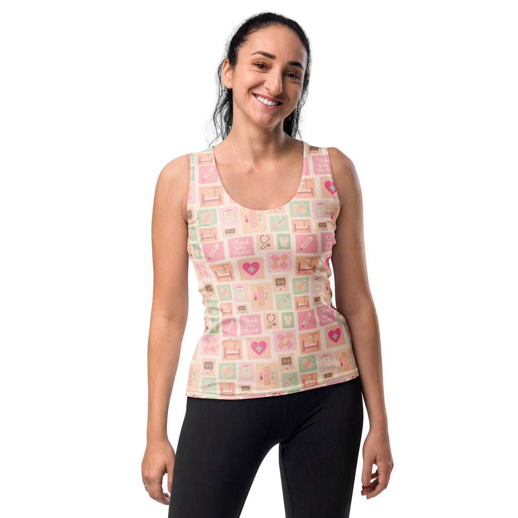 Women’s pastel pink and mint green nurse icon tank top with medical illustrations quick drying soft fabric upf 50+