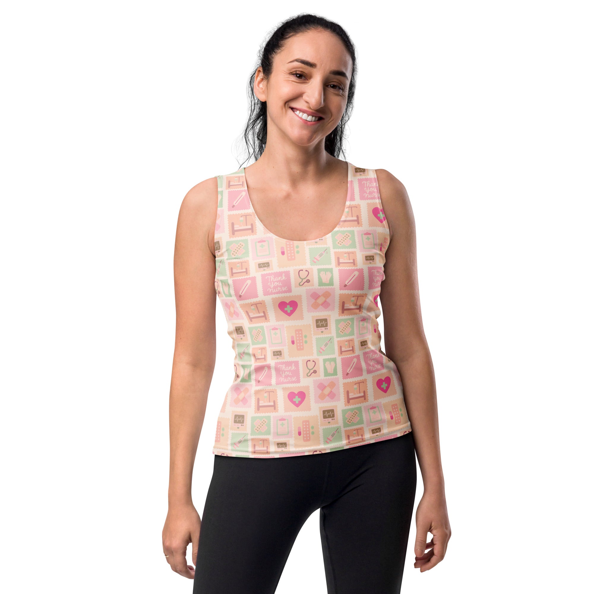 Women’s pastel pink and mint green nurse icon tank top with medical illustrations quick drying soft fabric upf 50+