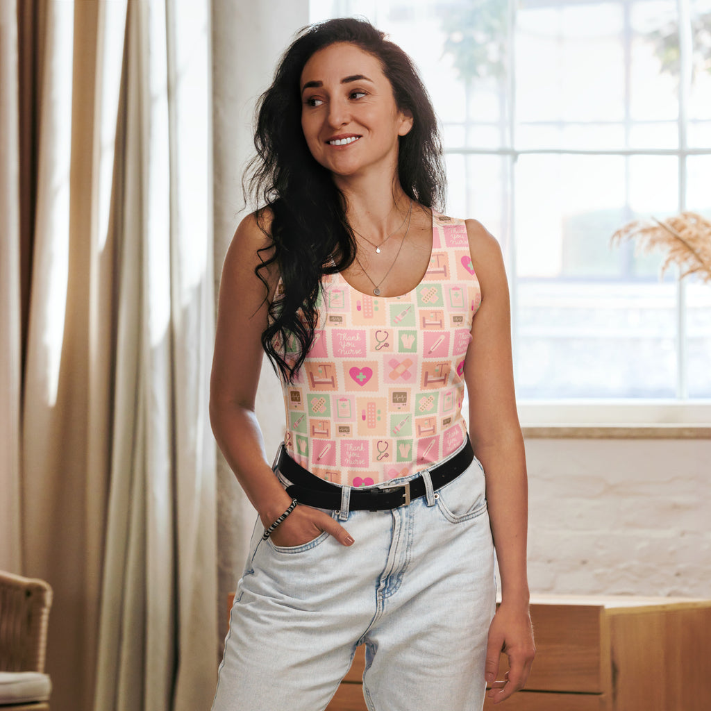 Women’s pink nurse icon tank top with sleeveless pink and mint heart and stationery pattern quick drying fabric