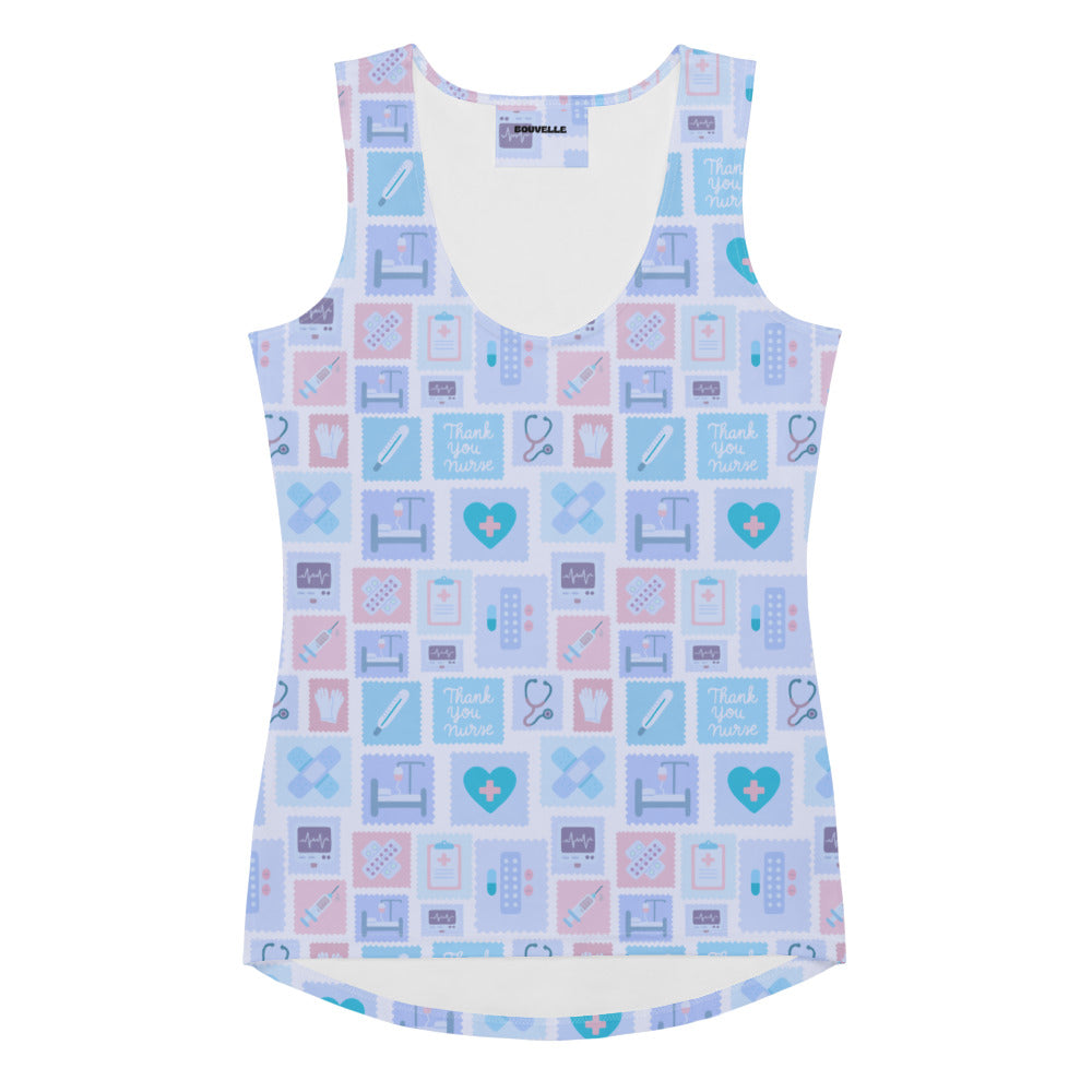 Women’s pastel blue and pink nurse icon tank top with medical graphics quick drying buttery soft fabric upf 50+