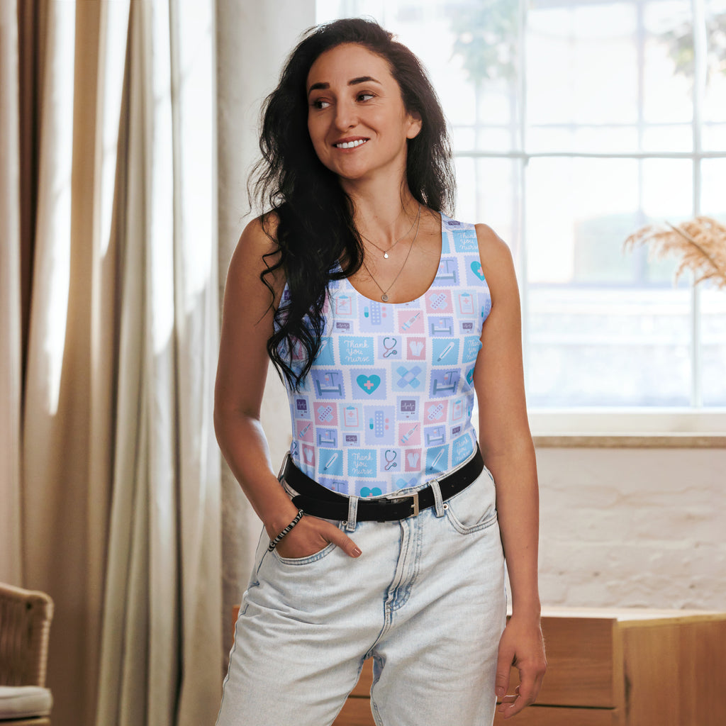 A light blue sleeveless nurse icon tank top with quick drying buttery soft fabric and UPF 50 plus protection