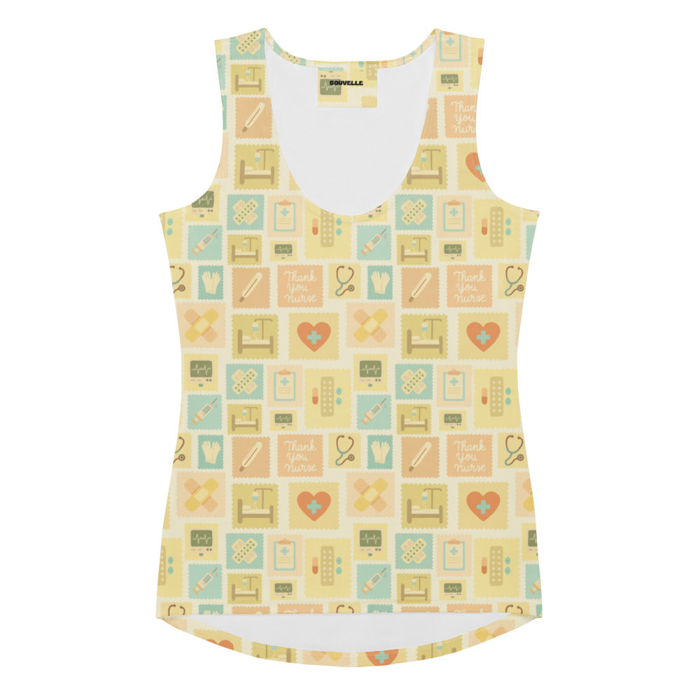 Women’s yellow nurse icon tank top with quick drying buttery soft fabric and playful medical themed pattern
