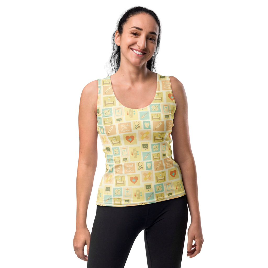 Women’s yellow nurse icon tank top with playful medical pattern quick drying buttery soft fabric upf 50+