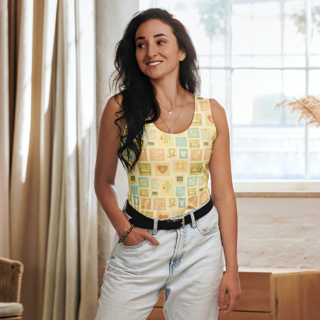 Yellow sleeveless nurse icon tank top with playful pastel medical icons quick drying buttery soft fabric upf 50+