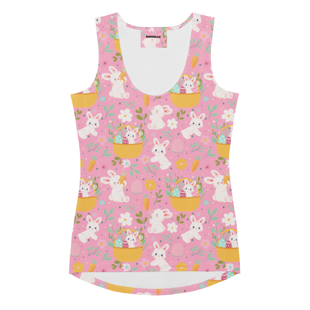 Women’s pink Easter bunny tank top with playful print made of quick drying buttery soft fabric with UPF 50 plus protection