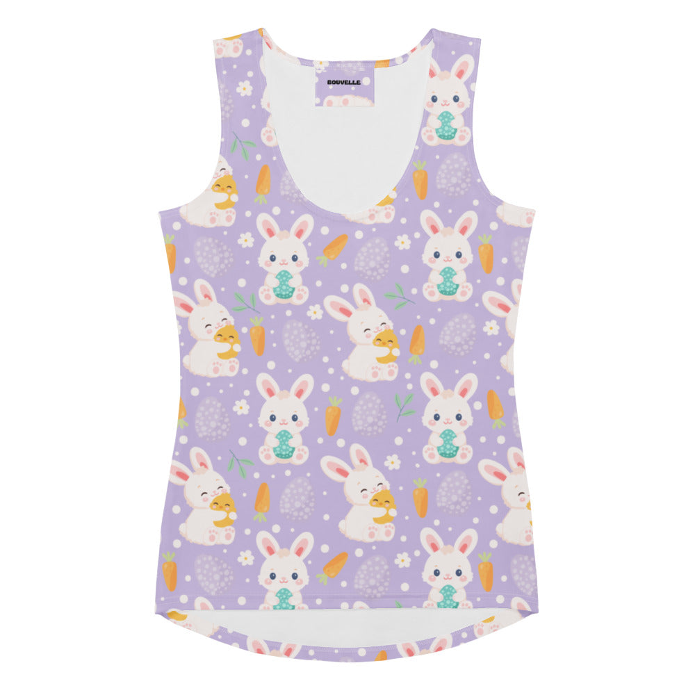 Lavender sleeveless women’s tank top with white bunny and carrot pattern made of quick drying buttery soft fabric with UPF 50+