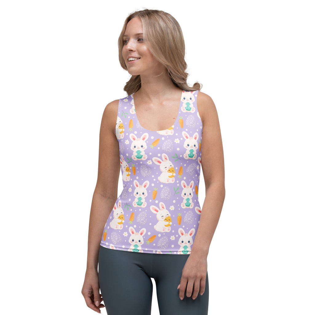 Women’s purple Easter bunny tank top with playful white bunnies carrots and green eggs quick drying buttery soft fabric
