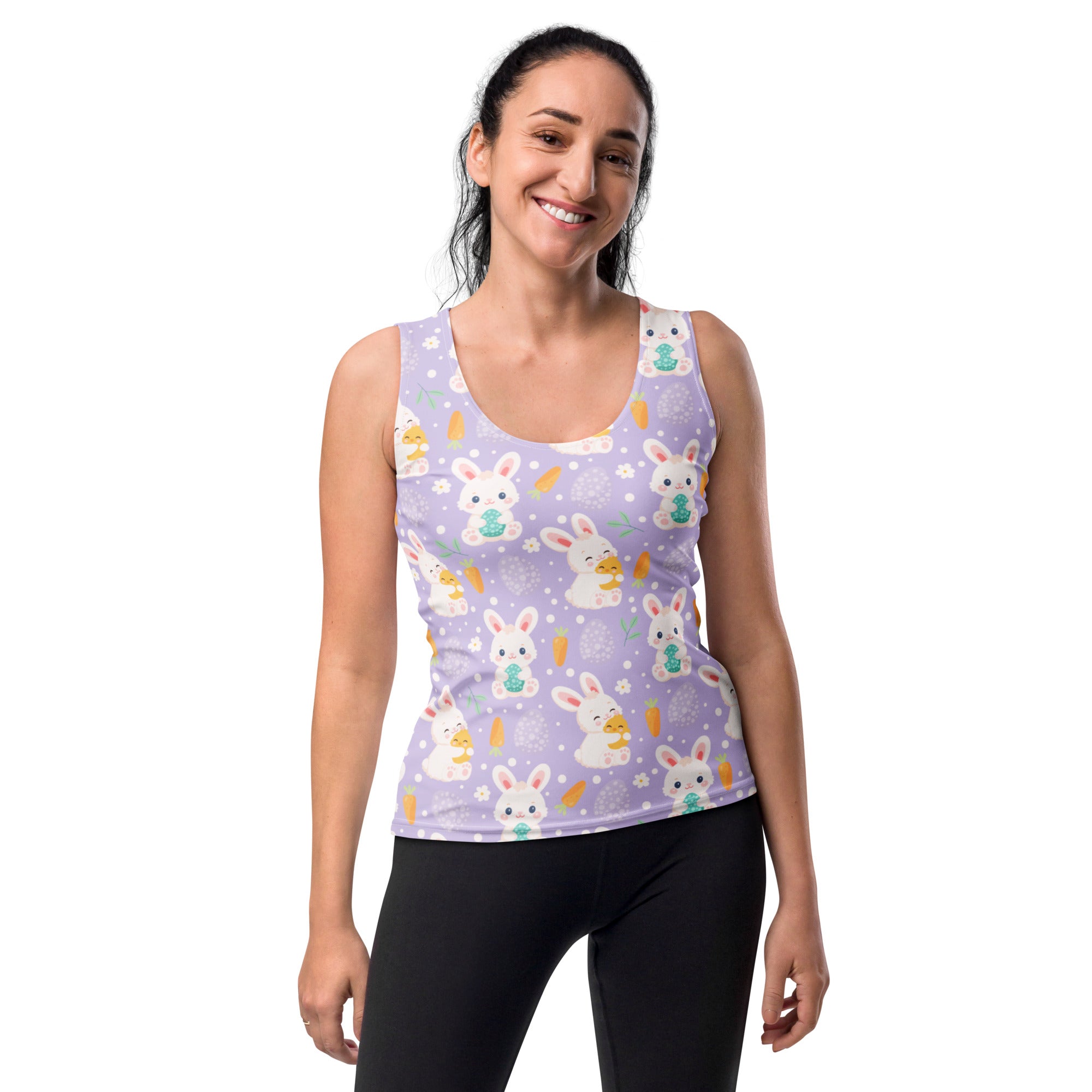 Women’s purple easter bunny tank top with playful white bunnies, green eggs, and orange carrots in buttery soft fabric