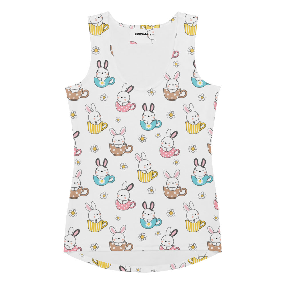 White sleeveless bunny teacup tank top with quick drying buttery soft fabric and upf 50 plus protection