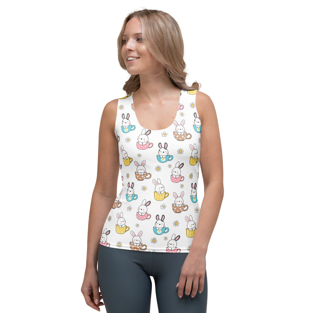 White women’s bunny teacup tank top with playful pattern quick drying buttery soft fabric upf 50+