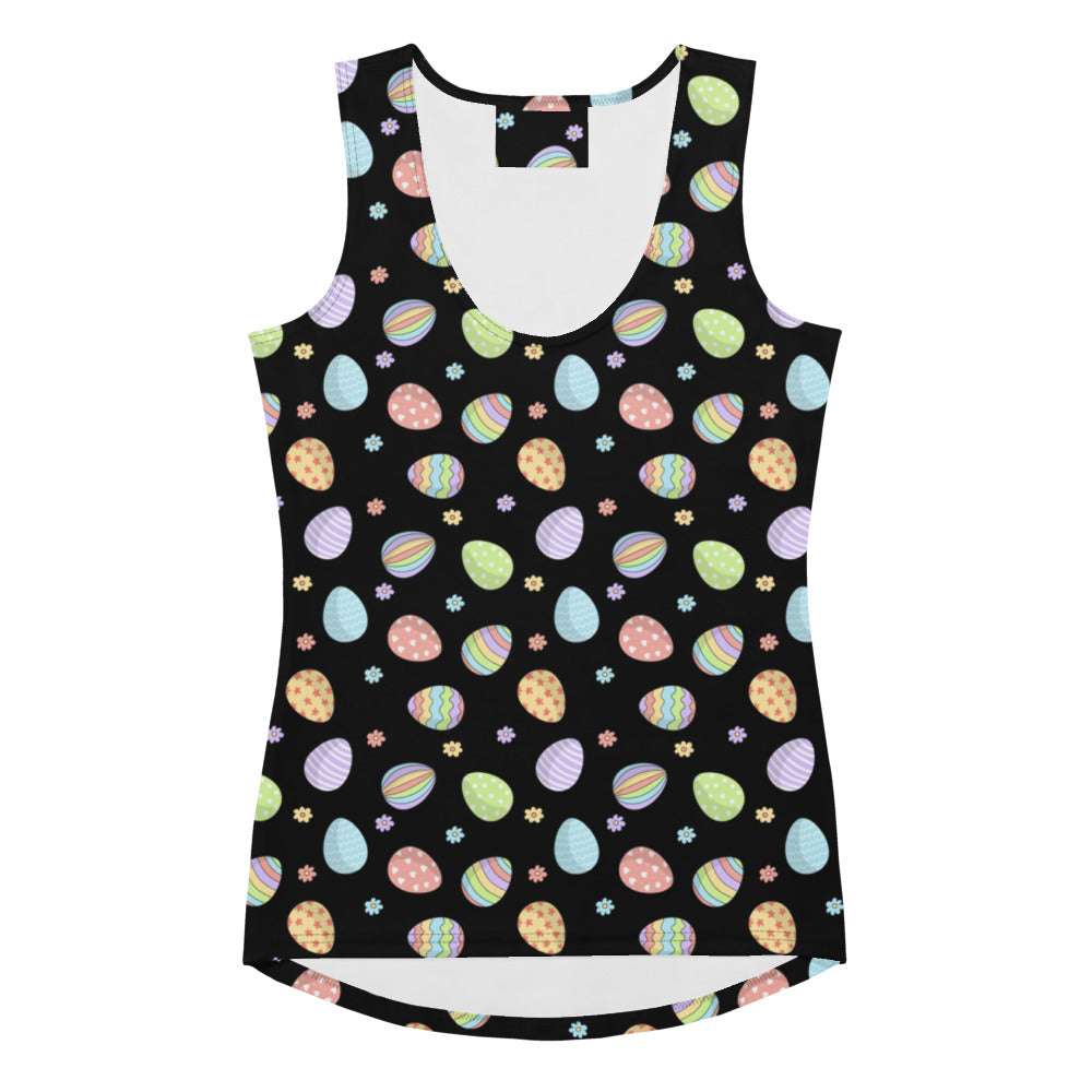 Black sleeveless women’s tank top with vibrant pastel Easter eggs pattern, quick drying, buttery soft fabric, UPF 50+