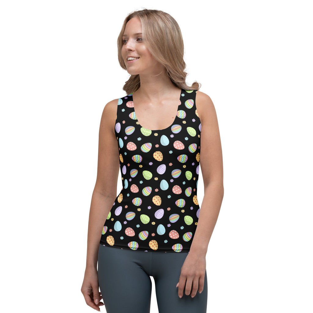 Women’s black sleeveless tank top with colorful pastel easter egg pattern made of quick drying buttery soft fabric with upf 50+