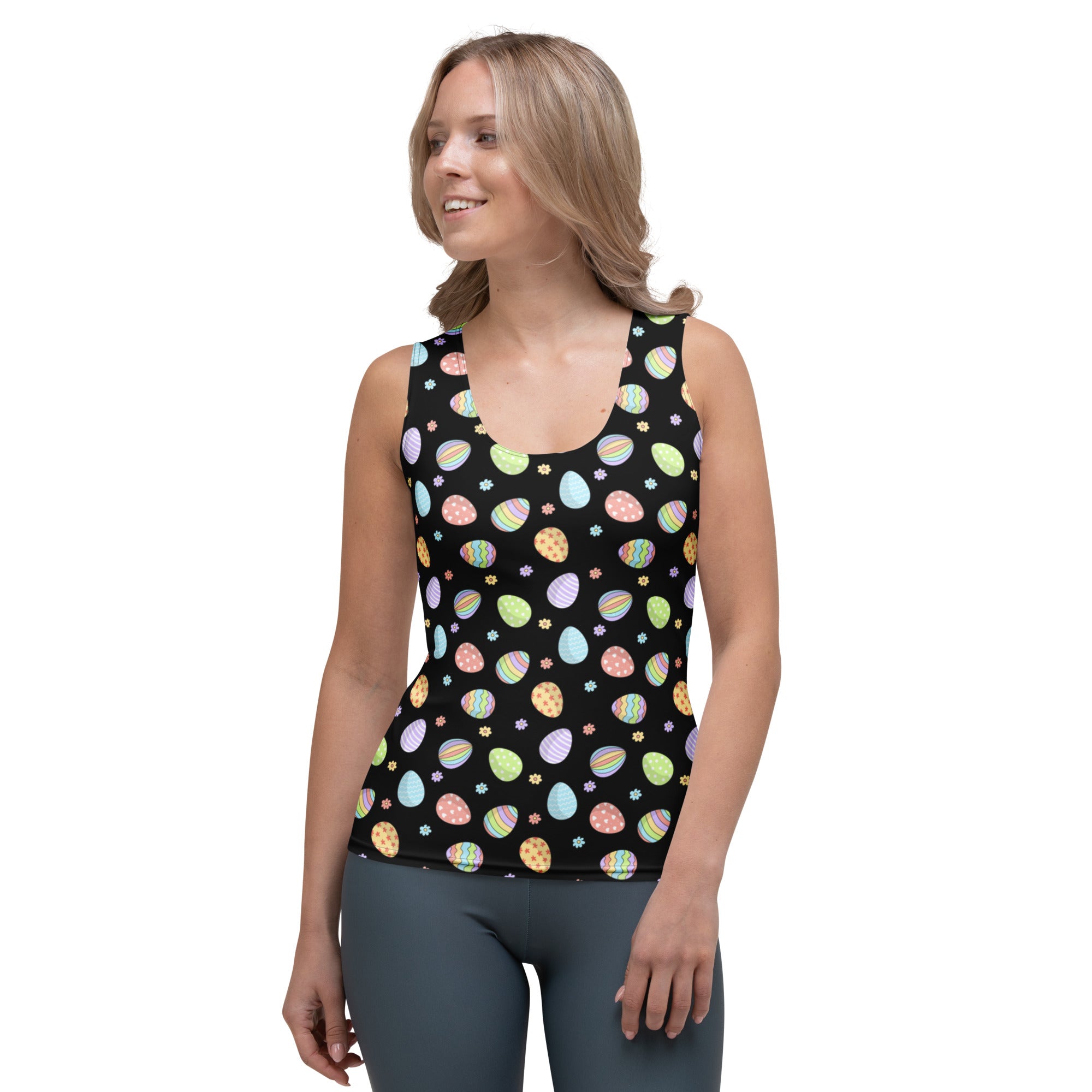 Women’s black sleeveless tank top with colorful pastel easter egg pattern made of quick drying buttery soft fabric with upf 50+