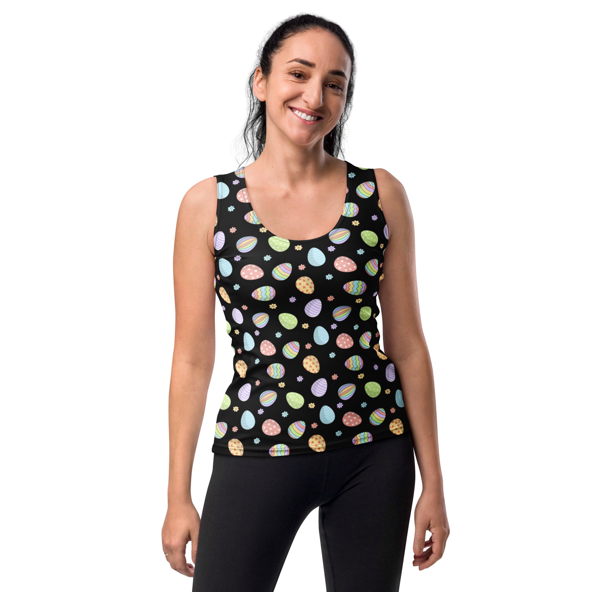 Black sleeveless tank top with colorful pastel easter eggs and flowers made of quick drying buttery soft fabric with upf 50+