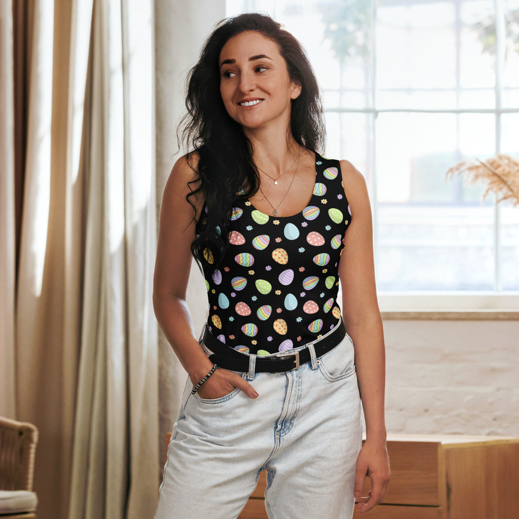 Black sleeveless tank top with colorful pastel easter eggs floral accents quick drying buttery soft fabric upf 50+