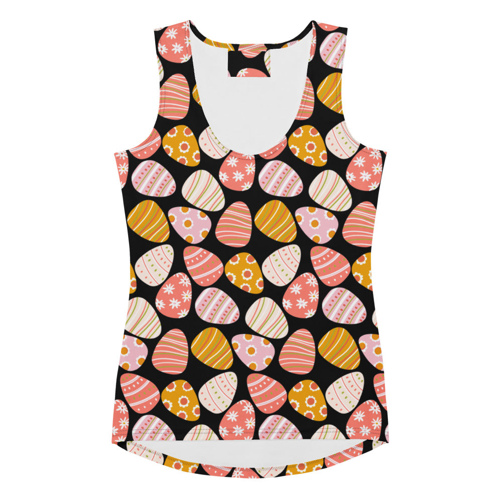A black women’s retro Easter egg tank top with pastel patterned eggs in buttery soft, quick drying fabric with UPF 50+