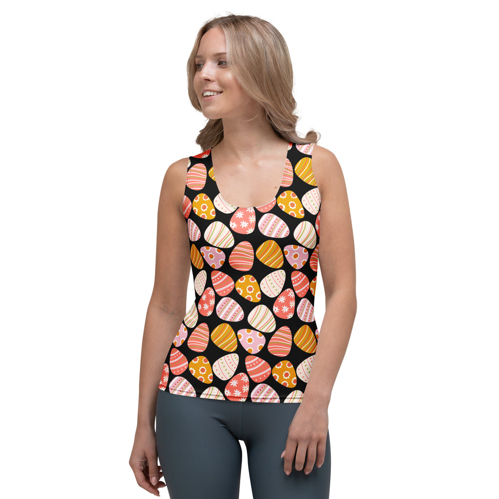 Women’s black retro easter egg tank top with vibrant colorful pattern quick drying buttery soft fabric upf 50+