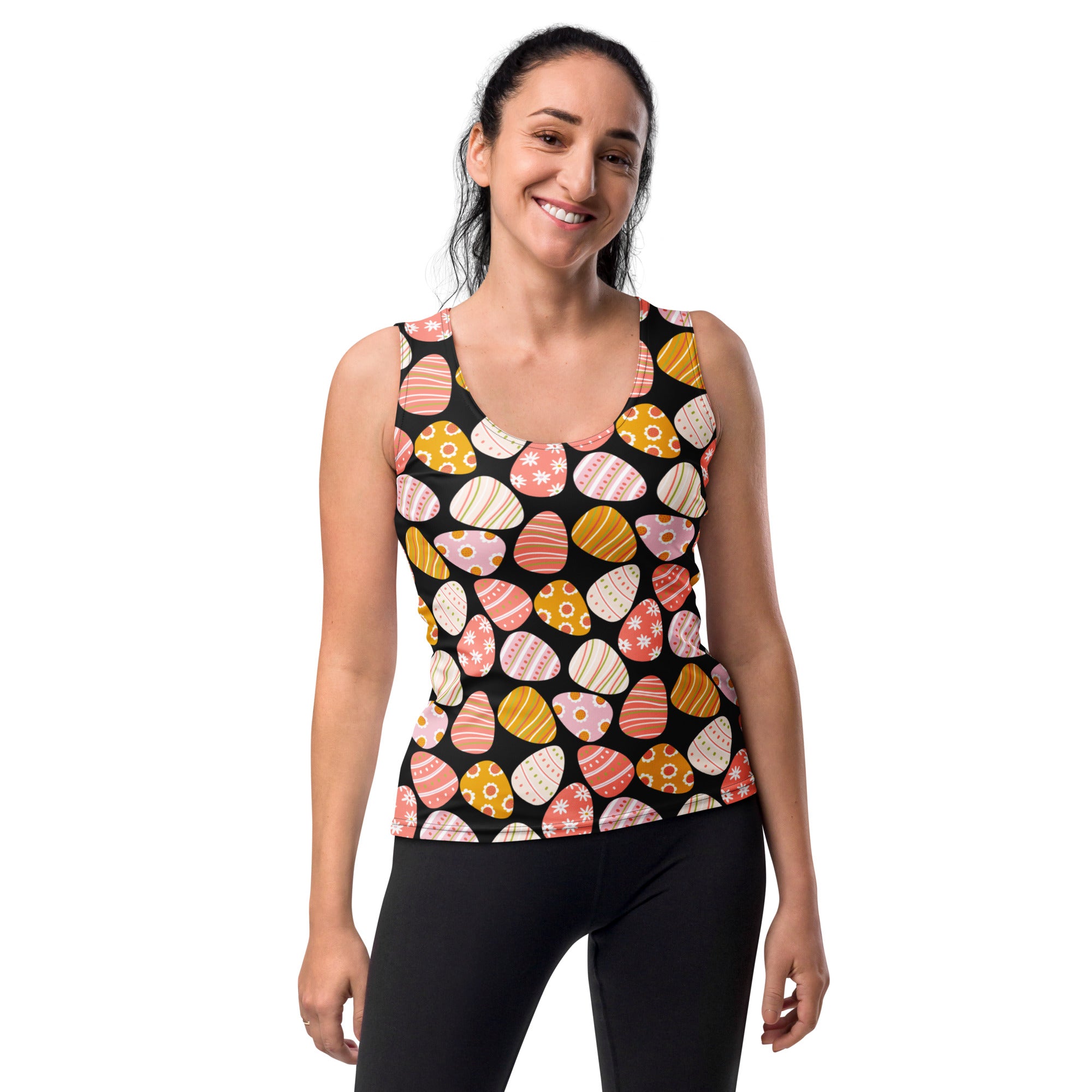 Women’s retro easter egg black sleeveless tank top with vibrant colorful pattern quick drying buttery soft fabric upf 50+