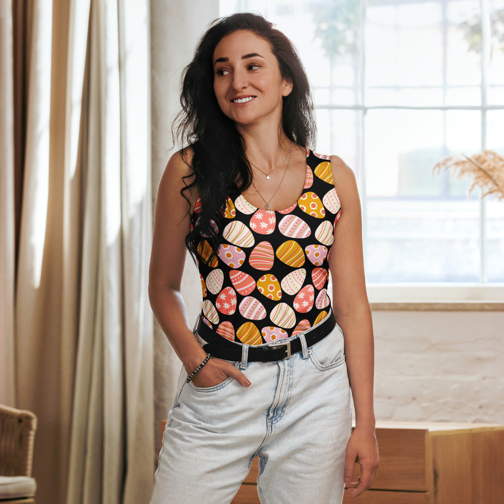 Black sleeveless women’s retro Easter egg tank top with vibrant colorful pattern quick drying buttery soft fabric UPF 50+