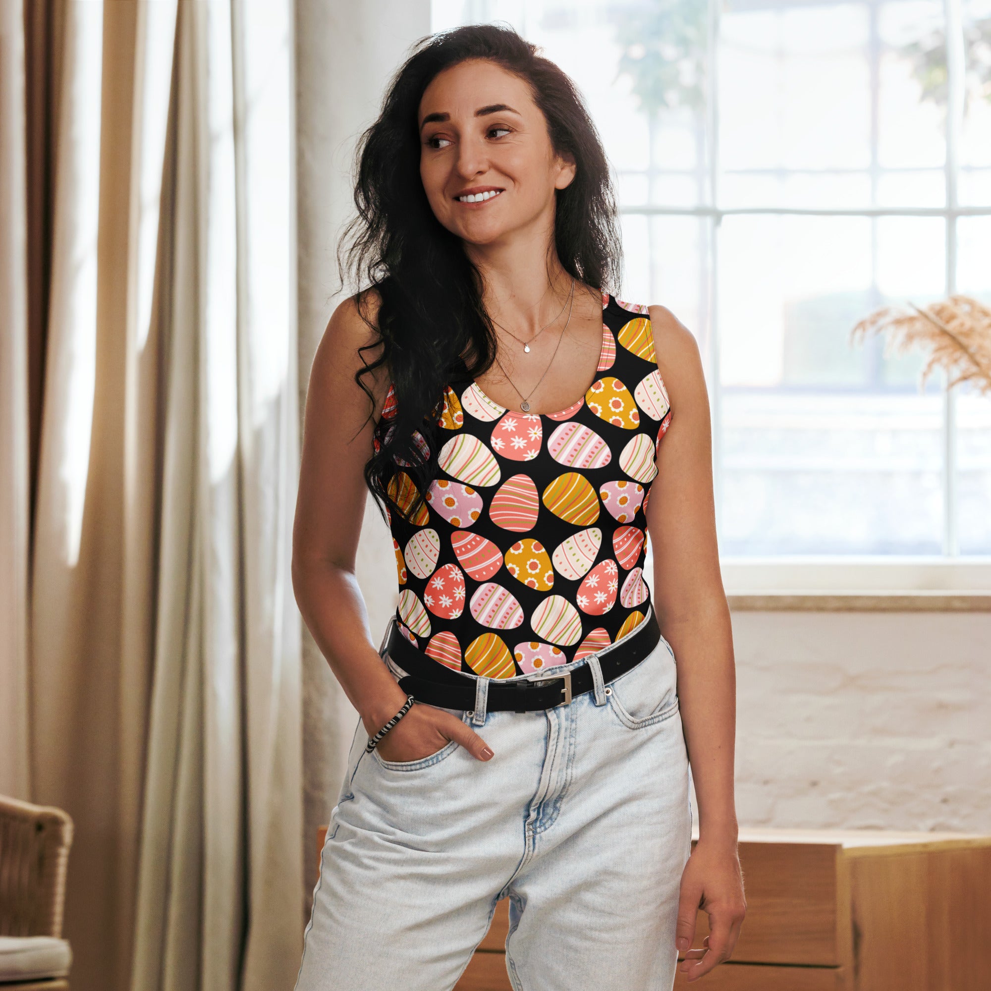 Black sleeveless women’s retro Easter egg tank top with vibrant colorful pattern quick drying buttery soft fabric UPF 50+