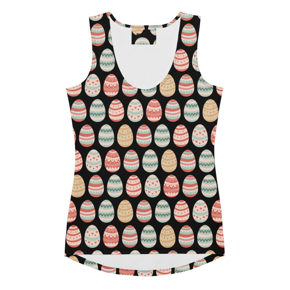 Women’s classic black tank top with vibrant pastel easter egg pattern in buttery soft quick drying fabric with upf 50+