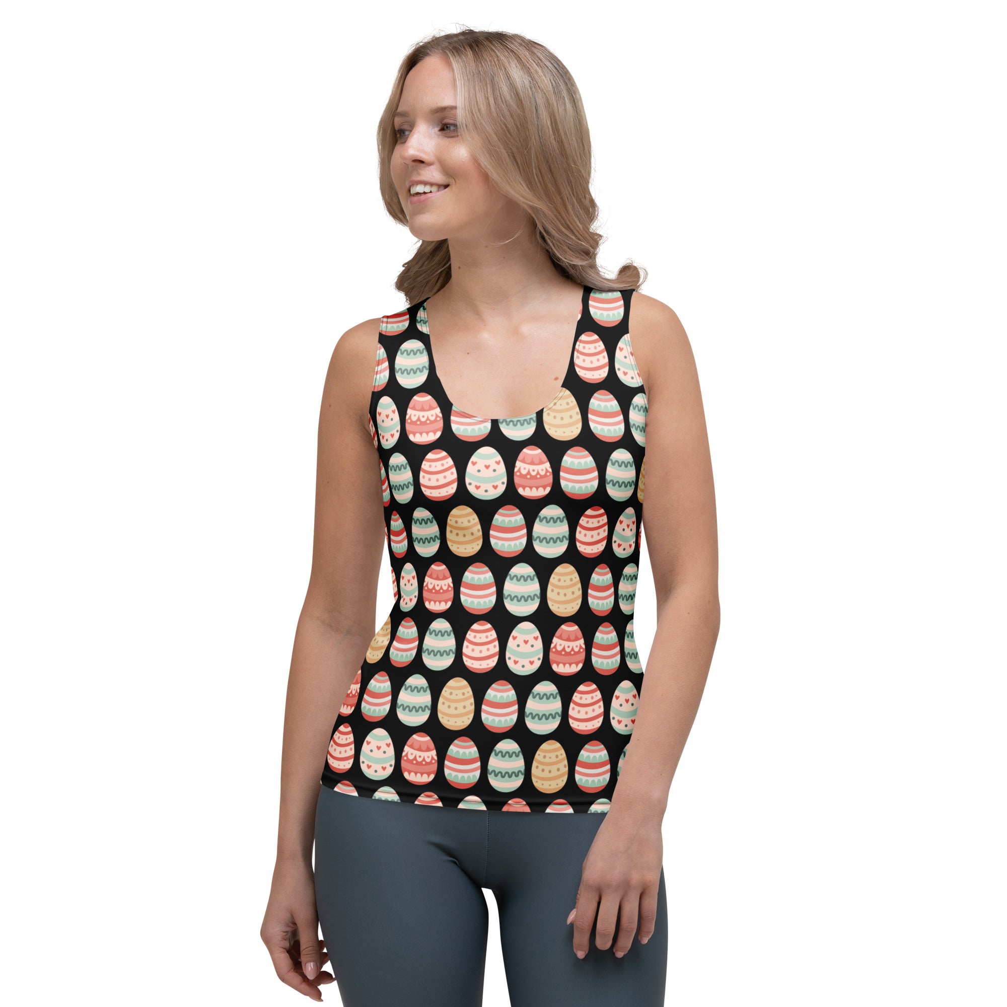 Women’s classic black tank top with colorful pastel easter egg pattern made of quick drying buttery soft fabric with upf 50+