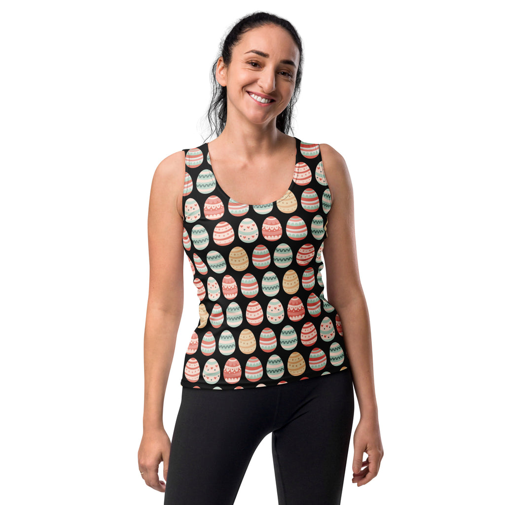 Black women’s classic sleeveless tank top with colorful pastel Easter egg pattern, quick drying buttery soft fabric with UPF 50+