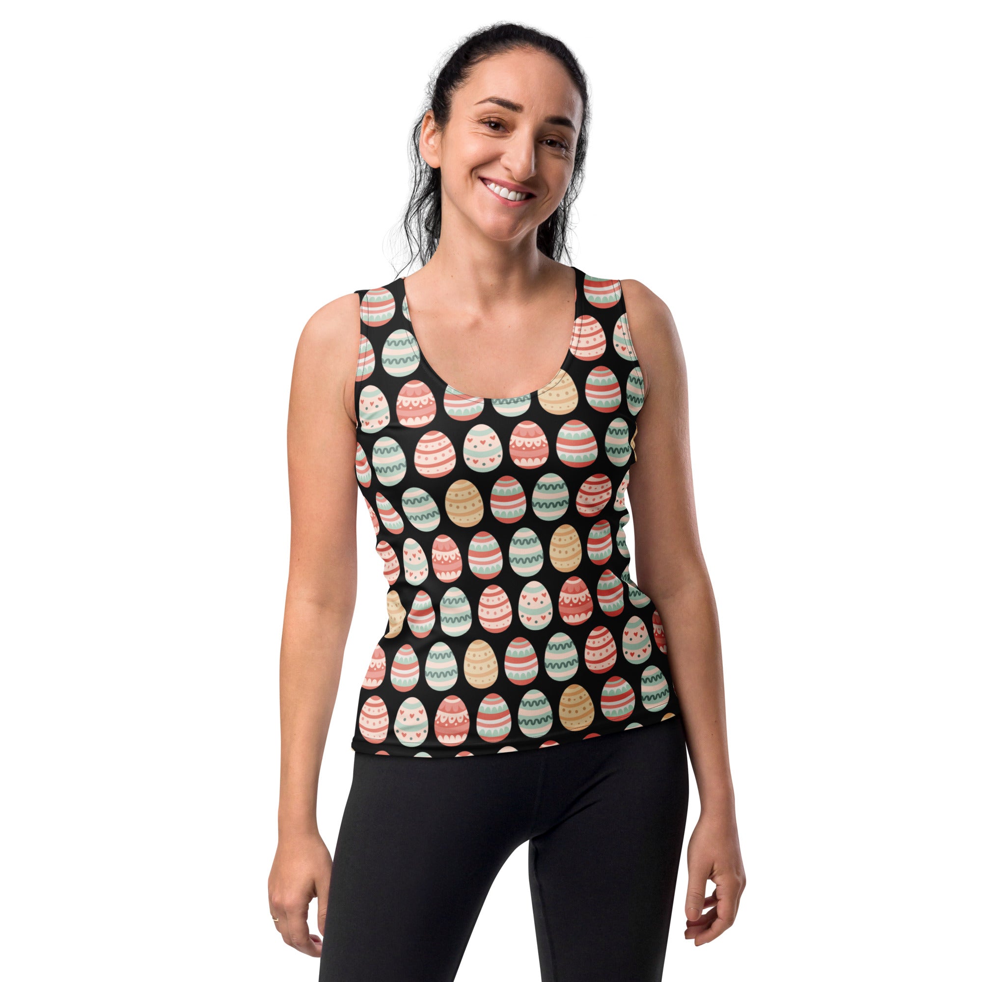 Black women’s classic sleeveless tank top with colorful pastel Easter egg pattern, quick drying buttery soft fabric with UPF 50+