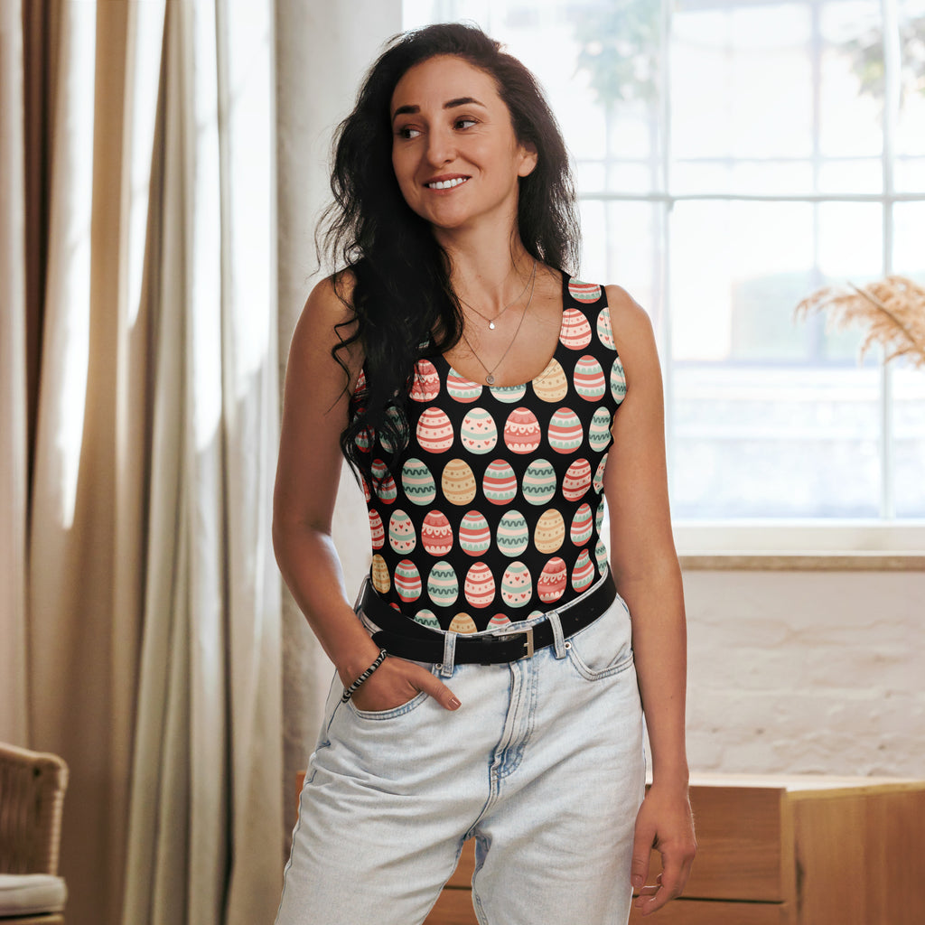Women’s classic black sleeveless Easter egg tank top with quick drying buttery soft fabric and UPF 50+ protection