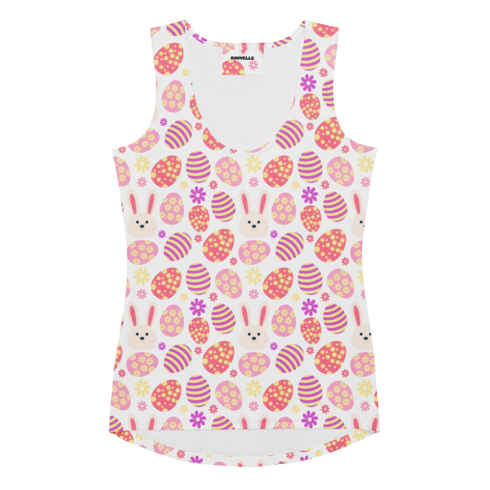 Women’s white sleeveless bunny easter tank top with pink and purple eggs floral accents quick drying soft fabric upf 50+