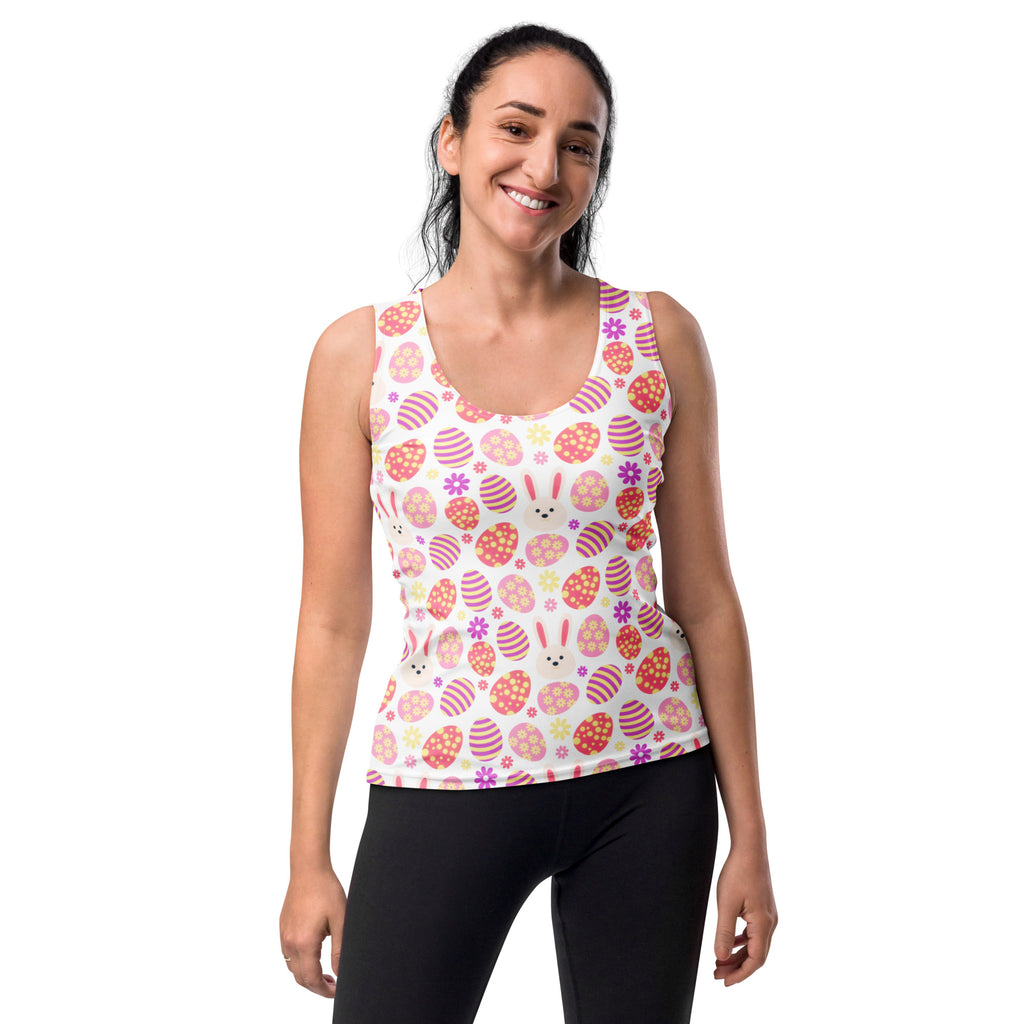 Women’s white tank top with playful pink and orange striped easter eggs bunny faces and purple flowers quick drying fabric