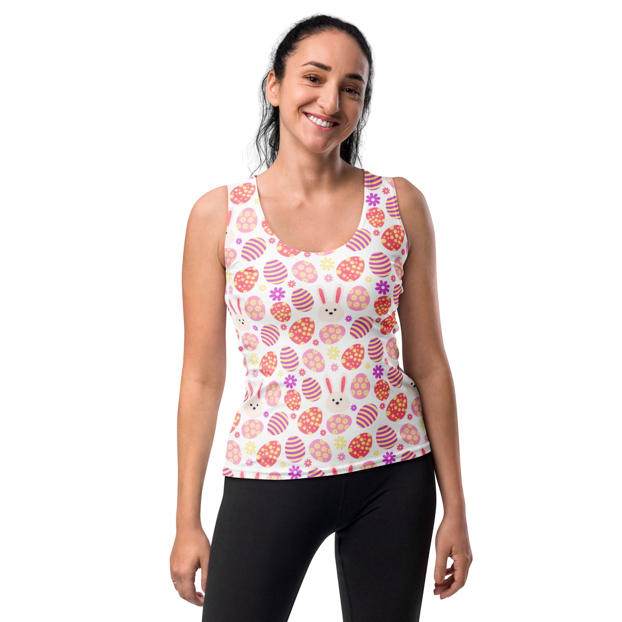 Women’s white tank top with playful pink and orange striped easter eggs bunny faces and purple flowers quick drying fabric