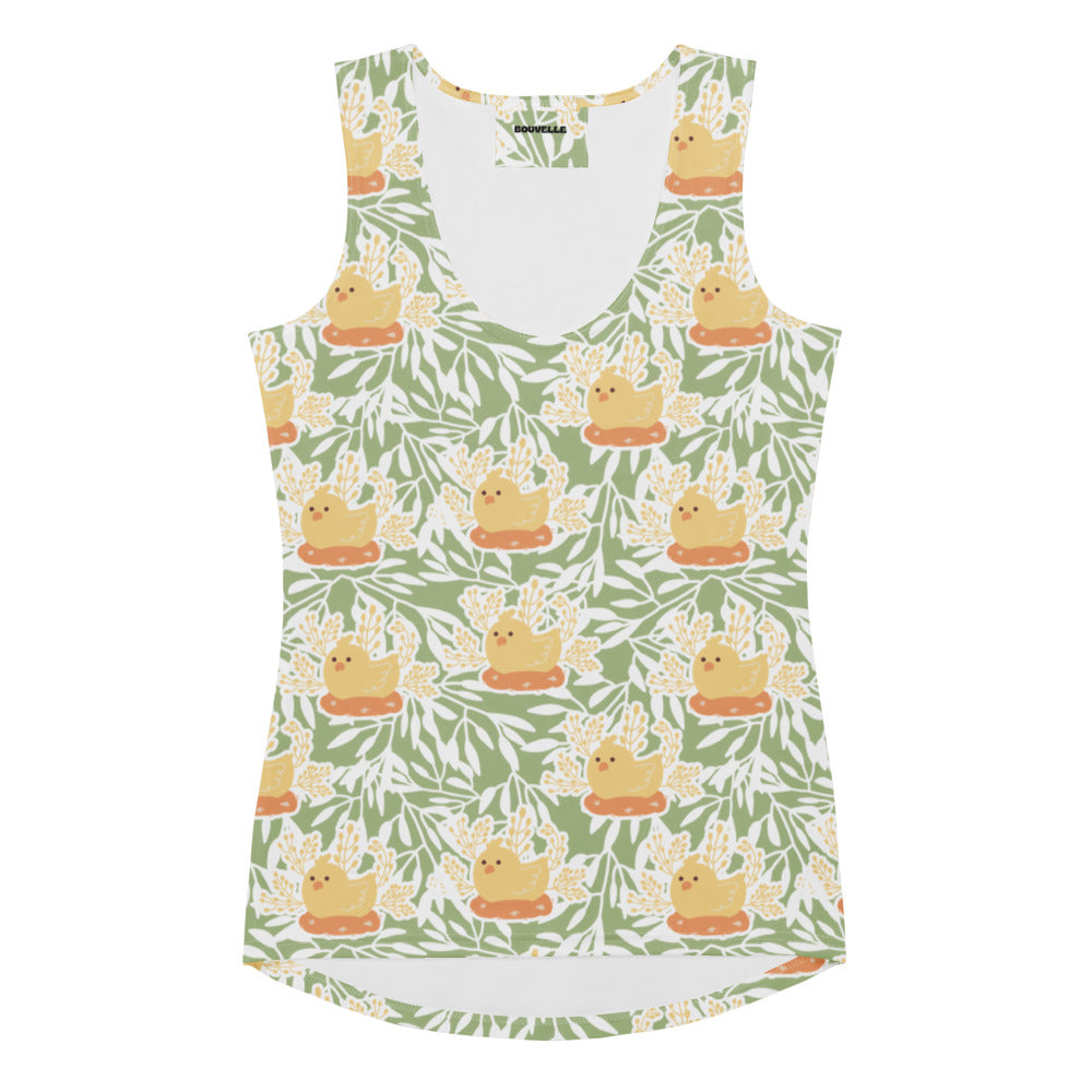 Women’s sage green sleeveless tank top with yellow duckling pattern quick drying buttery soft fabric upf 50 plus