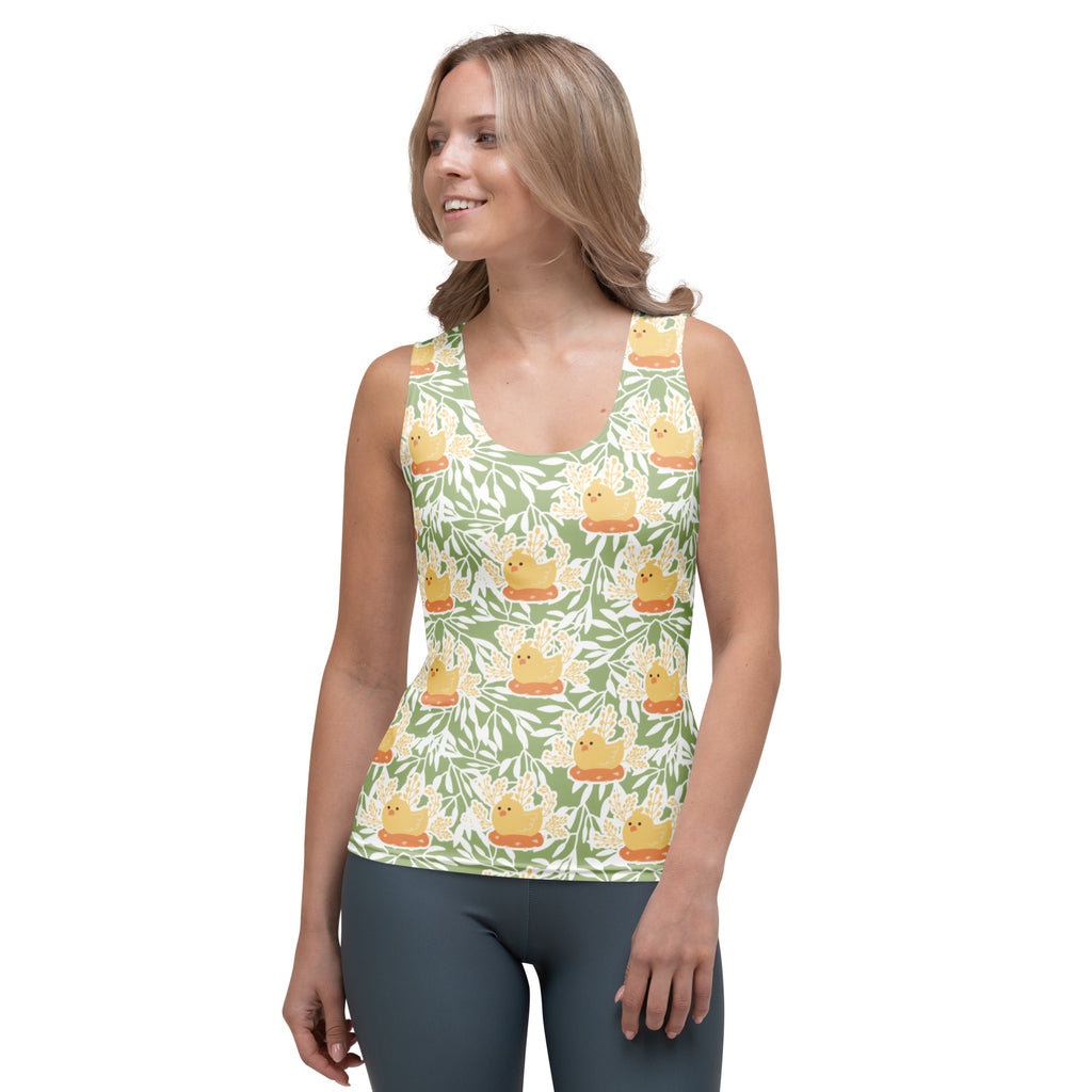 A woman wears a women’s sage green Easter chick tank top with yellow rubber ducks quick drying buttery soft fabric