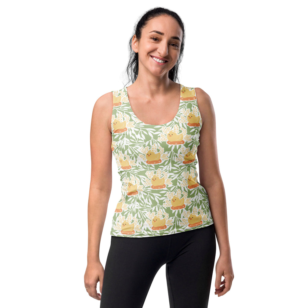 Women’s sage green Easter chick tank top with yellow rubber duck pattern quick drying buttery soft fabric upf 50+