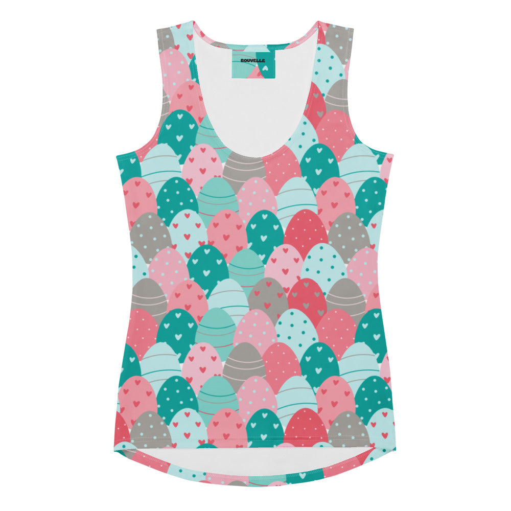 Women’s easter egg print tank top with pastel pink teal and gray hearts quick drying buttery soft fabric upf 50+