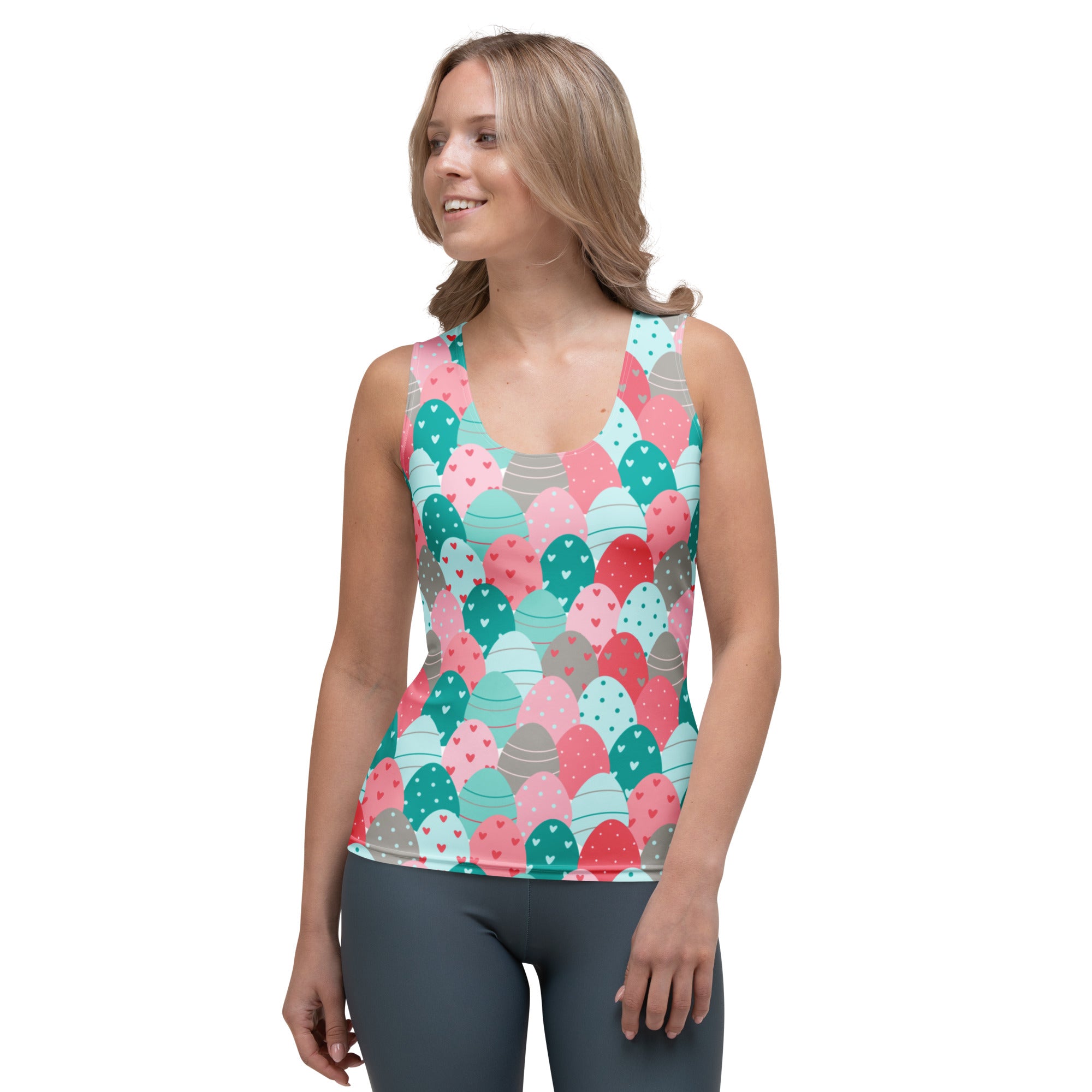 Women’s easter egg print tank top with pastel pink teal and gray eggs and hearts made of quick drying soft fabric