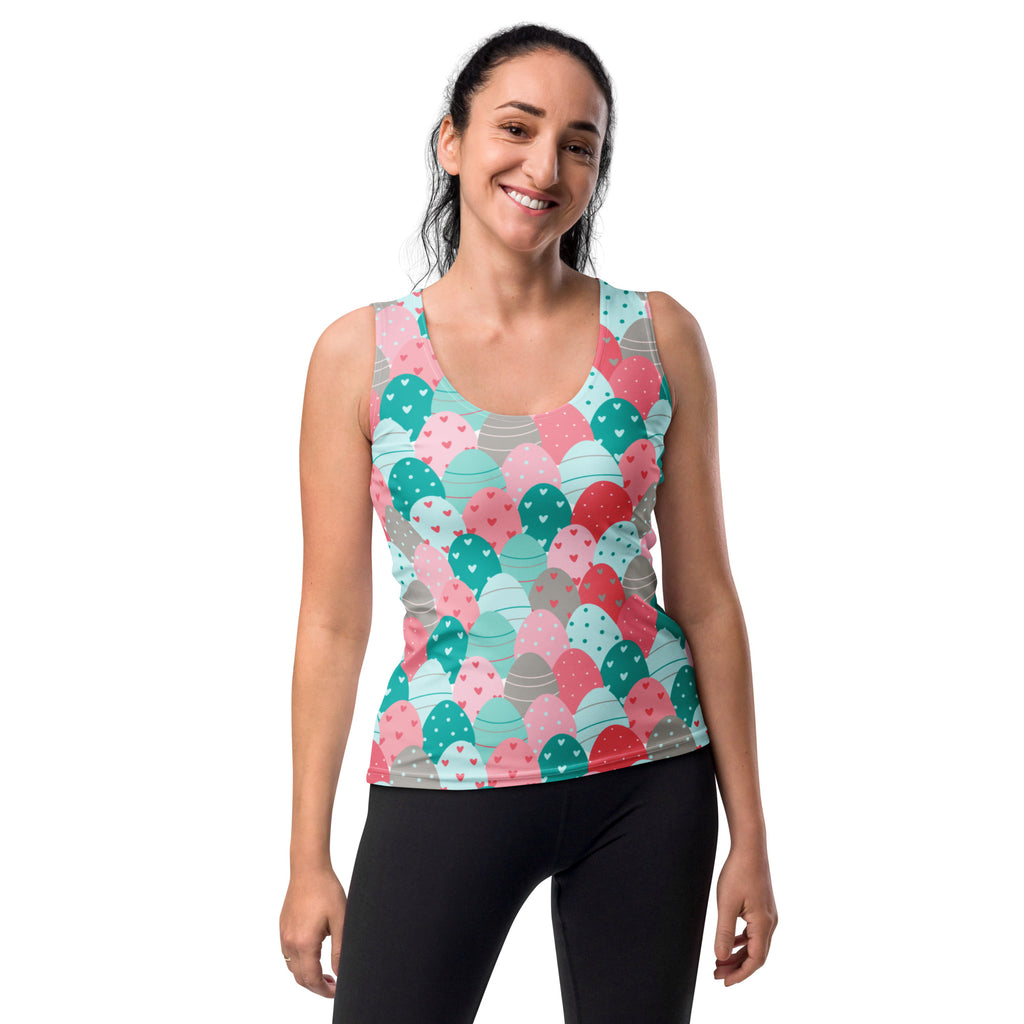 Women’s Easter egg print tank top with pastel balloon pattern in buttery soft quick drying fabric with UPF 50+
