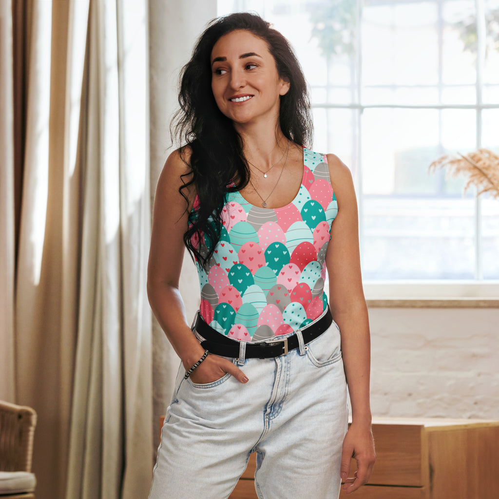 Women’s vibrant pink and teal mermaid-scale tank top with heart details quick drying buttery soft fabric upf 50+