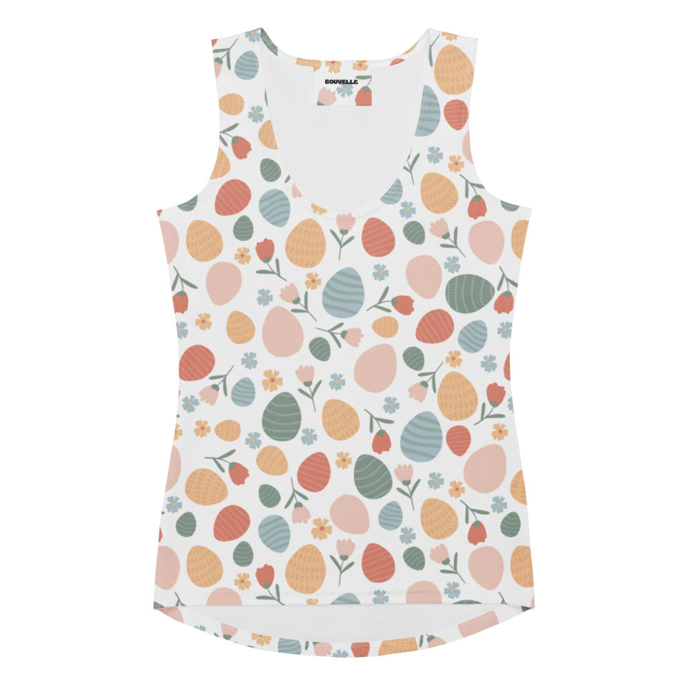 Women’s white sleeveless tank top with pastel floral easter egg pattern, quick drying buttery soft fabric and UPF 50+ protection