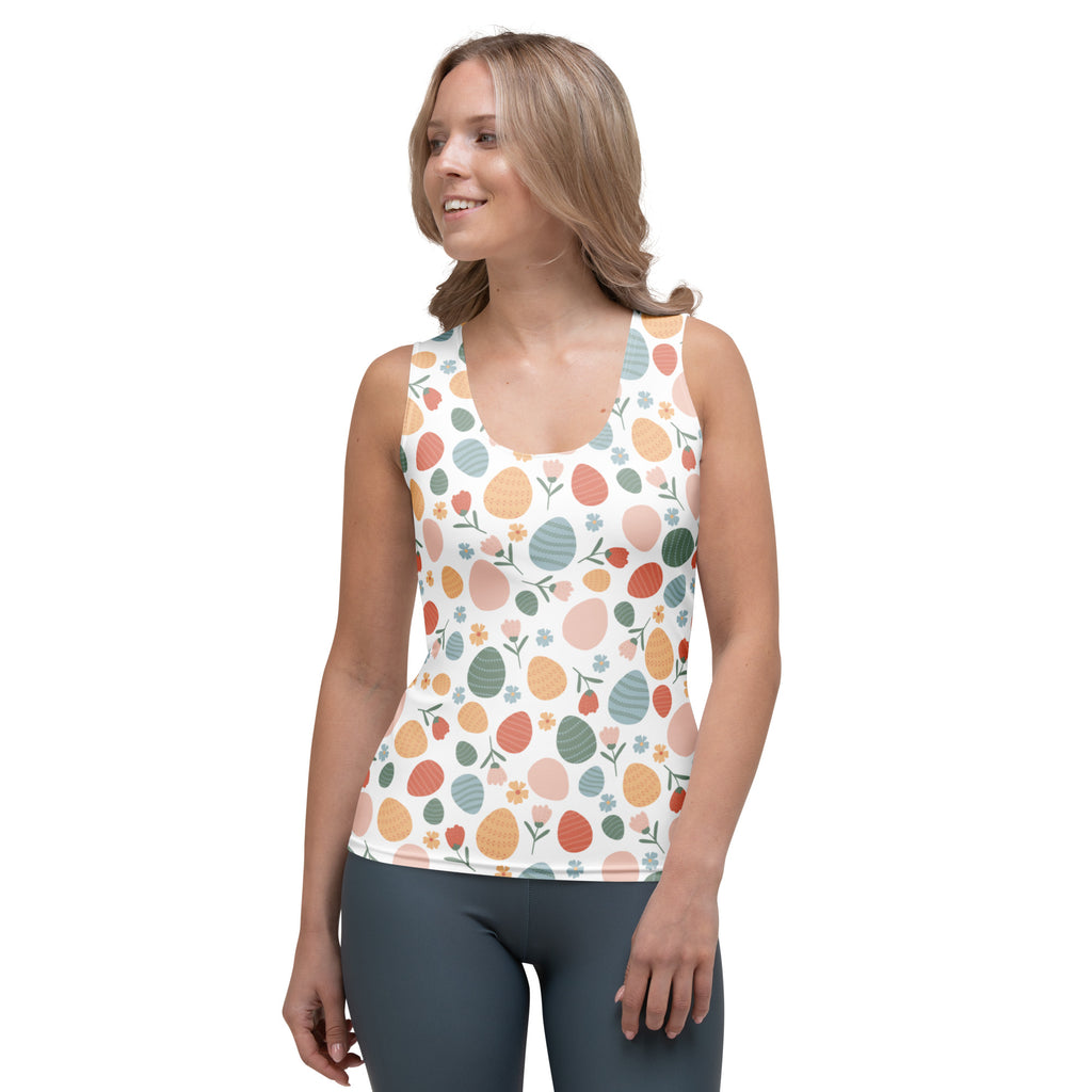 White sleeveless tank top with pastel floral and easter egg pattern made of quick drying buttery soft fabric with upf 50+