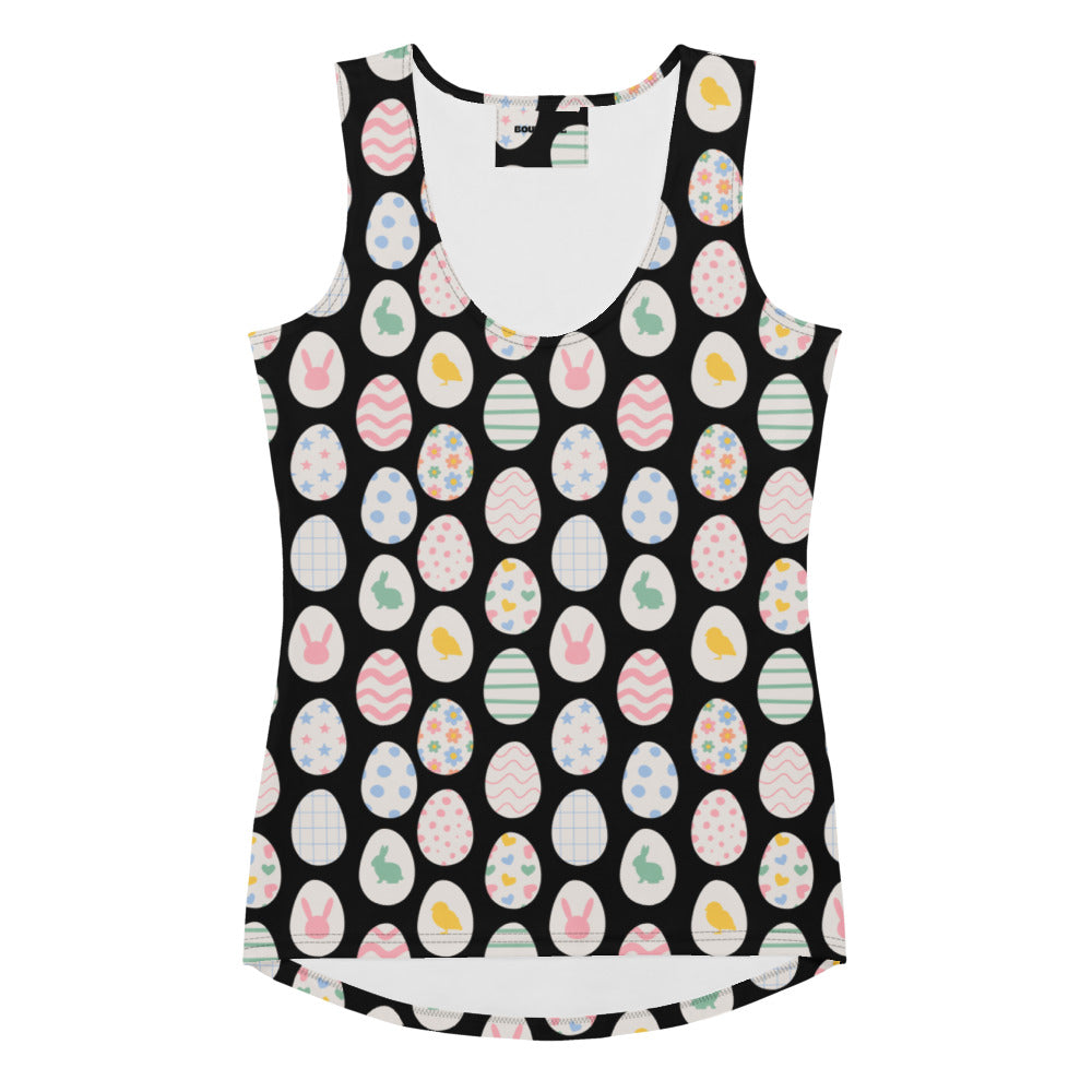 Black sleeveless women’s tank top with colorful easter eggs and bunny pattern made of quick-drying buttery soft fabric with UPF 50+