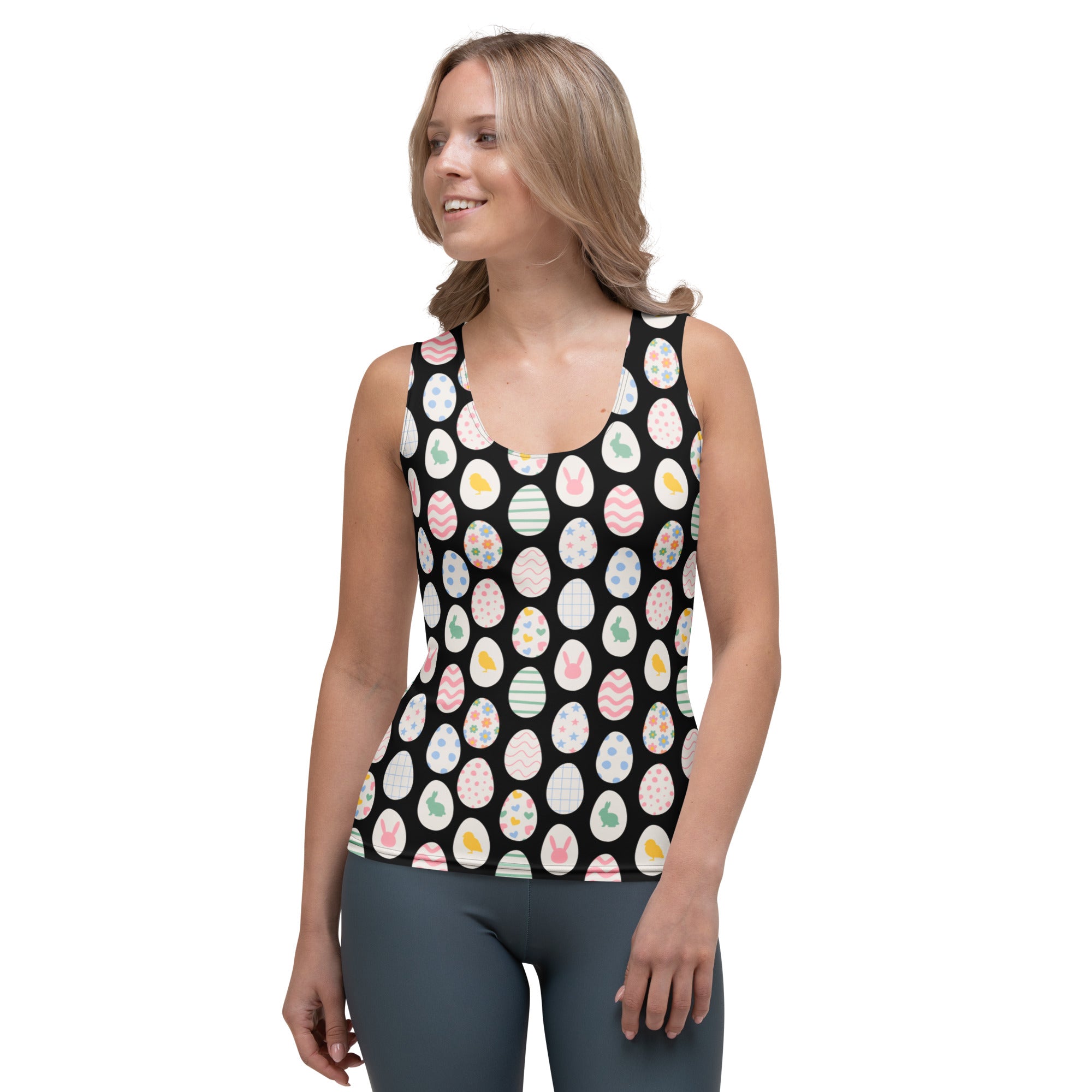 Women’s black tank top with colorful pastel easter egg pattern made of quick drying buttery soft fabric with upf 50+