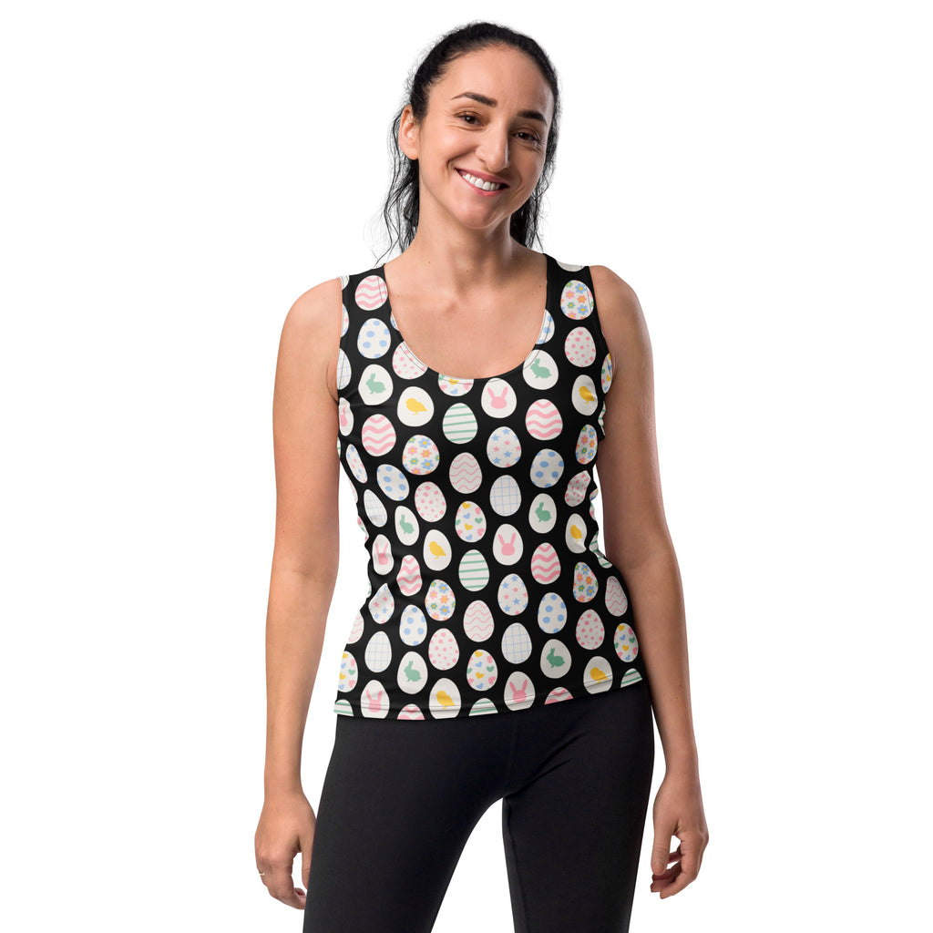 Black women’s bunny and chick easter tank top with pastel egg pattern quick drying buttery soft fabric upf 50+