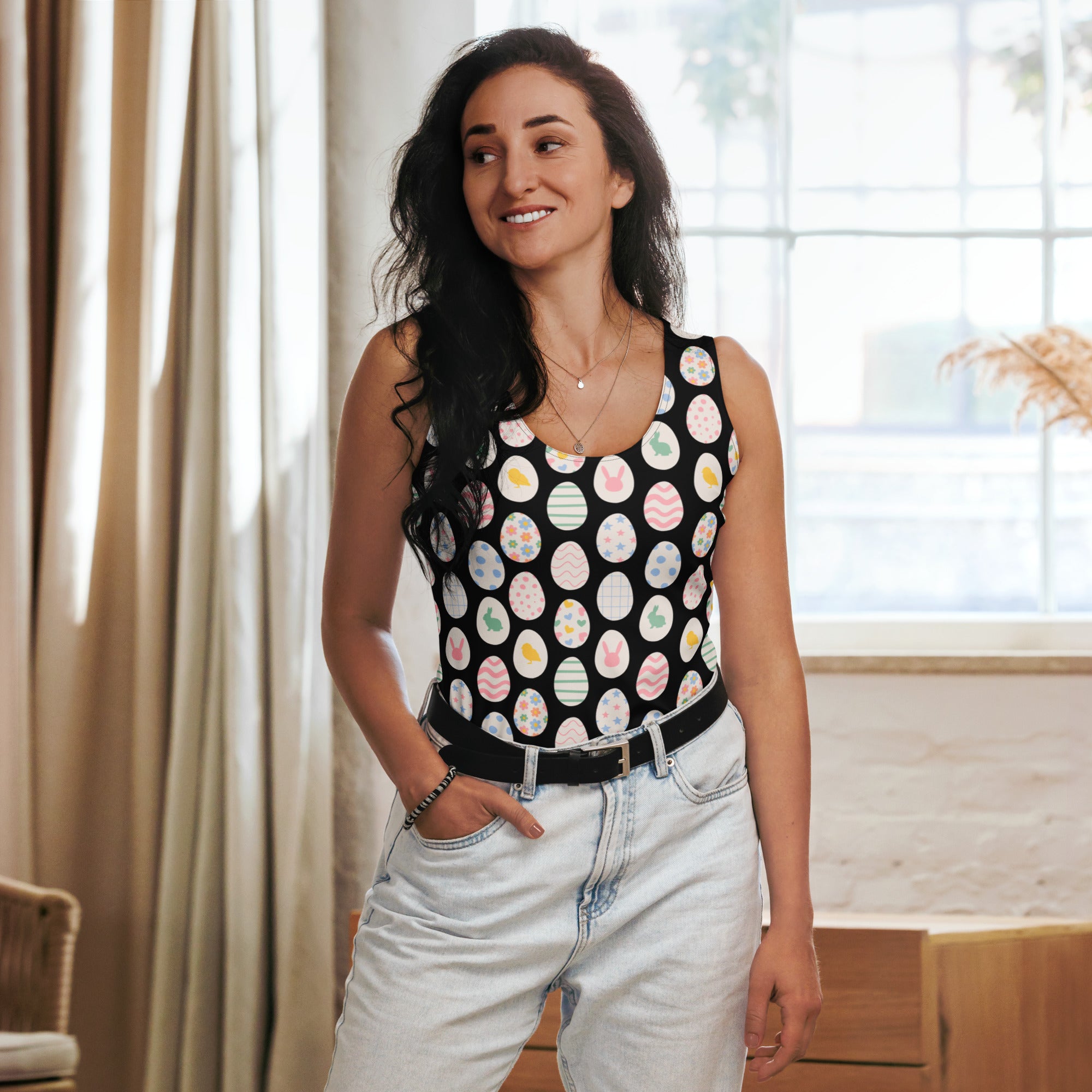 Women’s black sleeveless easter tank top with colorful pastel egg patterns quick drying buttery soft fabric upf 50+