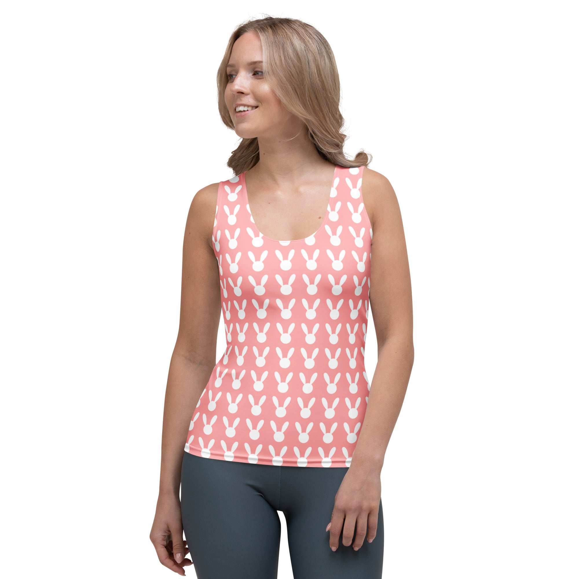 Women’s pink bunny tank top made of quick drying buttery soft fabric with upf 50 plus for sun protection