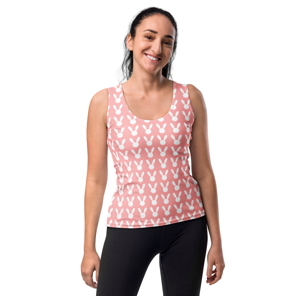 Women’s pink bunny tank top featuring quick drying buttery soft fabric with upf 50 plus for sun protection