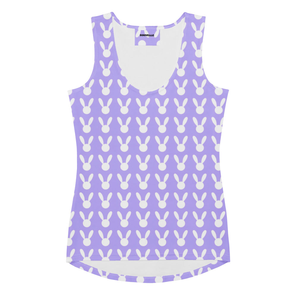 Women’s purple bunny tank top with white bunny pattern quick drying buttery soft fabric UPF 50 plus protection