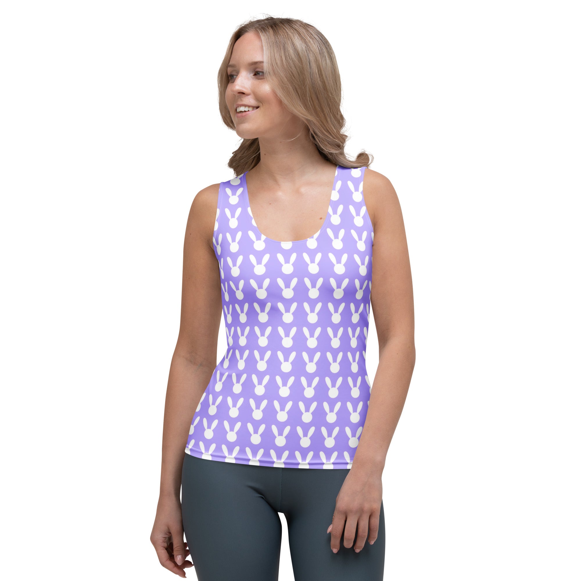 Women’s purple bunny tank top in quick drying buttery soft fabric with UPF 50 plus and white bunny pattern
